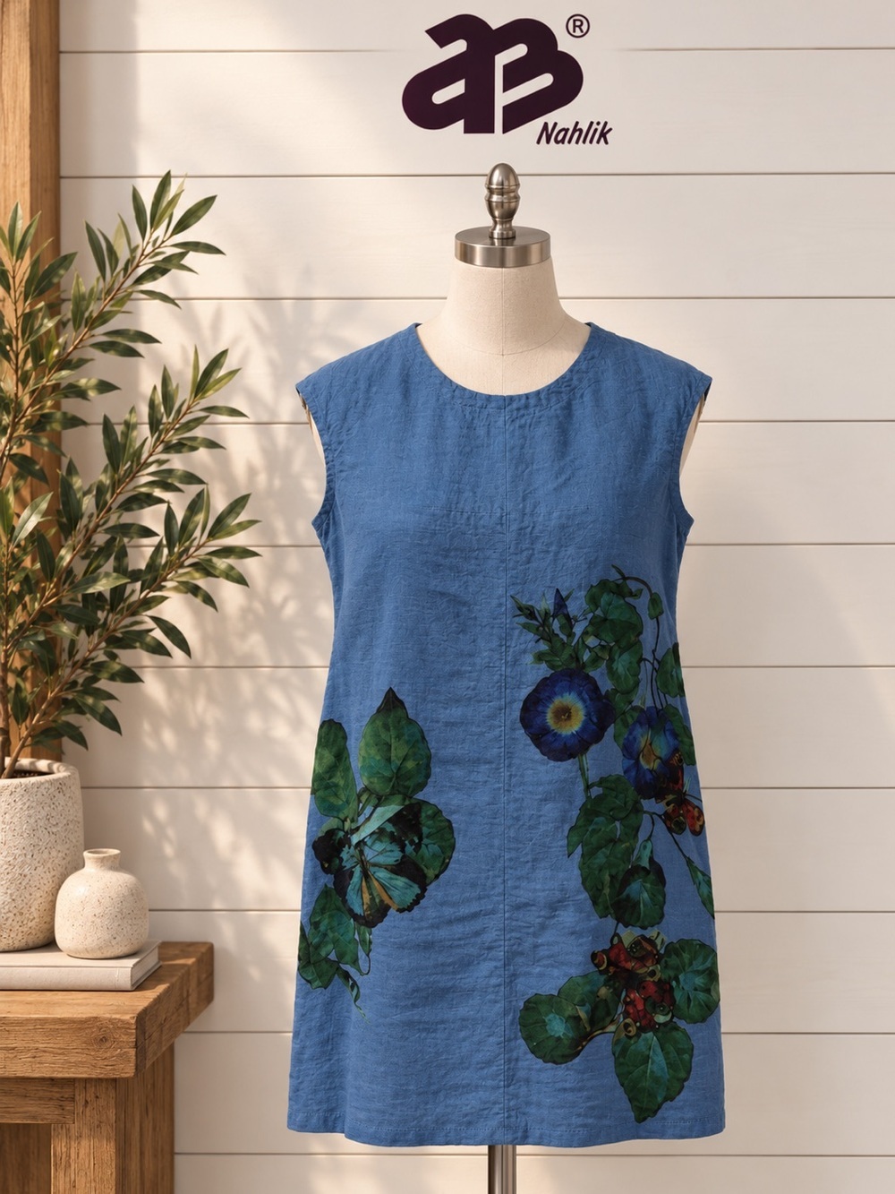 AB Nahlik Floral Linen Dress – Blue – Size 38